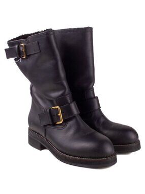 MARNI Black Leather Shearling Lined Buckle Moto-Style Boots Sz IT 38 US 8